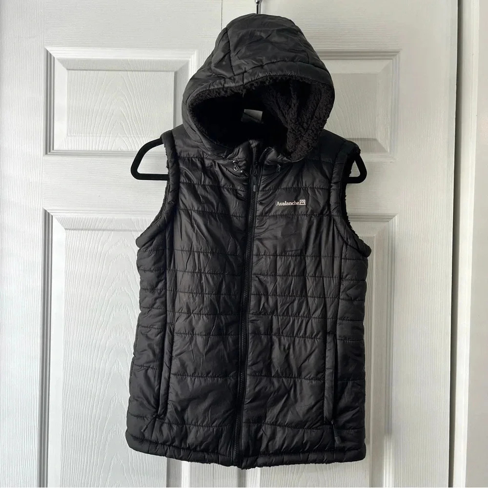 Avalanche Wear Lined Puffer Hooded Vest Zipper Front Chin Guard Womens Black Sm